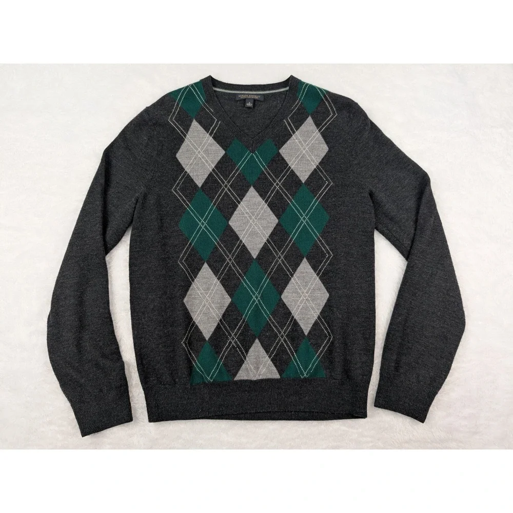 Banana Republic 100% Merino Wool Sweater Men's S Gray/Green Pullover *Hole